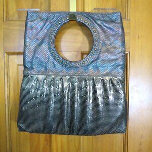 VTG Whiting & Davis Metallic Gold Mesh Purse Bag Snakeskin Leather Studded 12x14